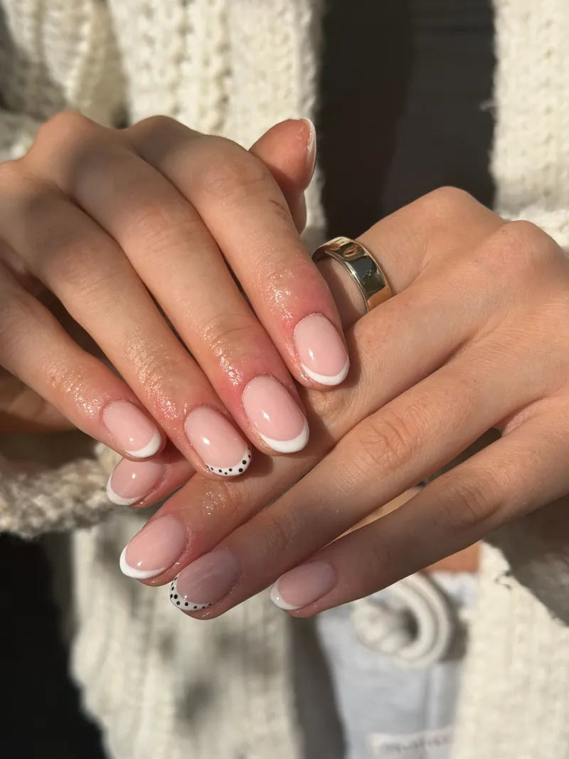 Nude nails with white French tips, two dotted in black, worn with a gold ring, by Rosie Mae Beauty